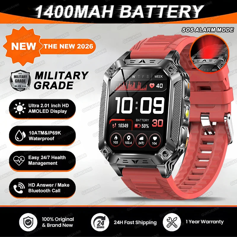 2026 TANK Military GPS Smart Watch | 2.01" AMOLED Display | 1400mAh Battery | 10ATM Waterproof | SOS & Flashlight | Android & iPhone