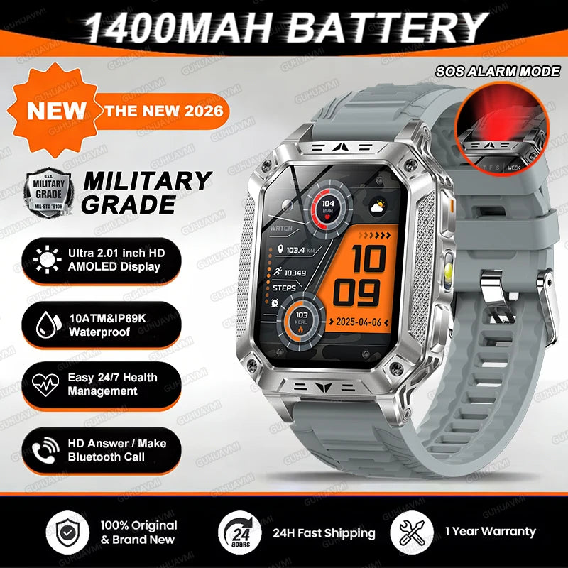 2026 TANK Military GPS Smart Watch | 2.01" AMOLED Display | 1400mAh Battery | 10ATM Waterproof | SOS & Flashlight | Android & iPhone