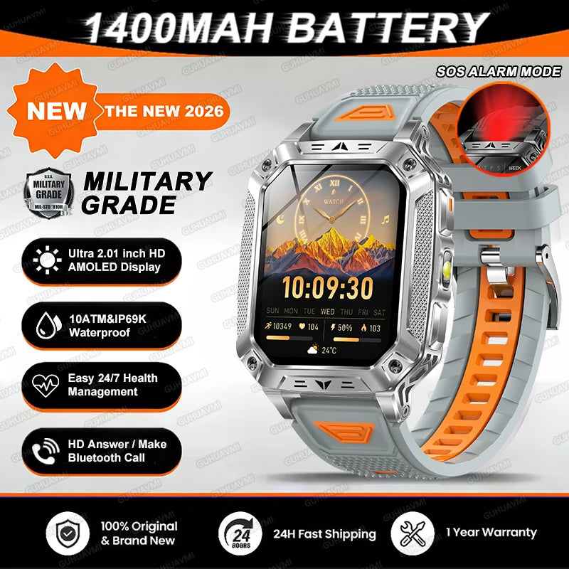 2026 TANK Military GPS Smart Watch | 2.01" AMOLED Display | 1400mAh Battery | 10ATM Waterproof | SOS & Flashlight | Android & iPhone