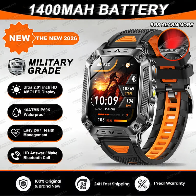 2026 TANK Military GPS Smart Watch | 2.01" AMOLED Display | 1400mAh Battery | 10ATM Waterproof | SOS & Flashlight | Android & iPhone
