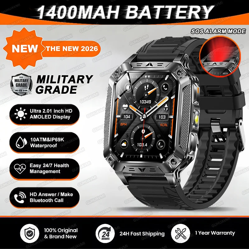 2026 TANK Military GPS Smart Watch | 2.01" AMOLED Display | 1400mAh Battery | 10ATM Waterproof | SOS & Flashlight | Android & iPhone