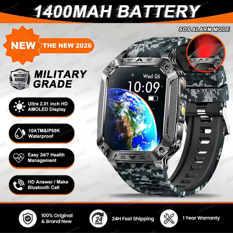 2026 TANK Military GPS Smart Watch | 2.01" AMOLED Display | 1400mAh Battery | 10ATM Waterproof | SOS & Flashlight | Android & iPhone