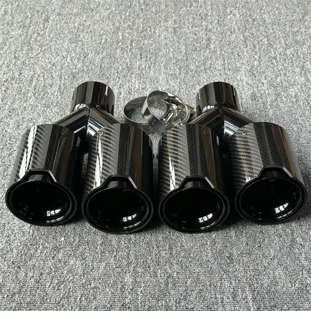 Pair of Glossy Carbon Fiber Quad Exhaust Tips with M Performance Logo for BMW – Dual Tailpipe Exhaust Muffler Covers