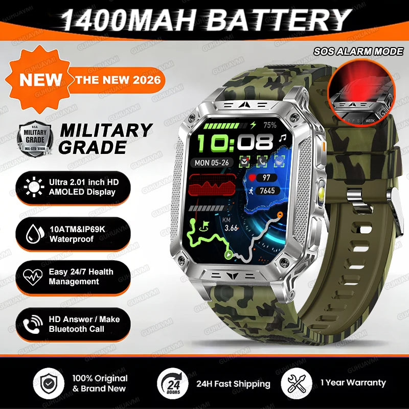 2026 TANK Military GPS Smart Watch | 2.01" AMOLED Display | 1400mAh Battery | 10ATM Waterproof | SOS & Flashlight | Android & iPhone