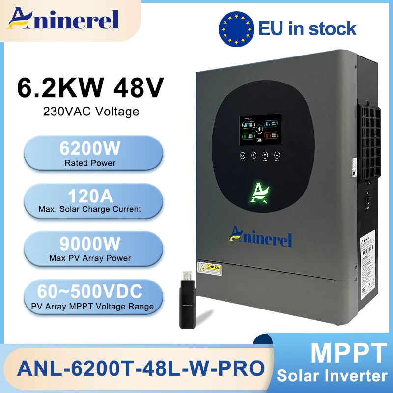 Aninerel Hybrid Solar Inverter 2KW/4.2KW/6.2KW | Pure Sine Wave | MPPT | WiFi | 12V/24V/48V