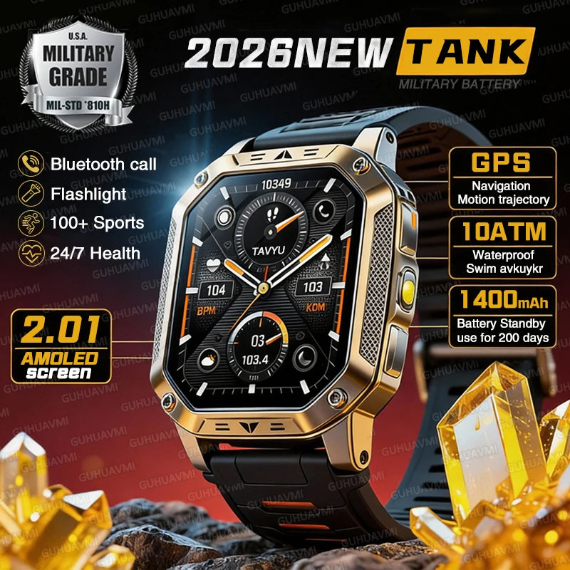 2026 TANK Military GPS Smart Watch | 2.01" AMOLED Display | 1400mAh Battery | 10ATM Waterproof | SOS & Flashlight | Android & iPhone