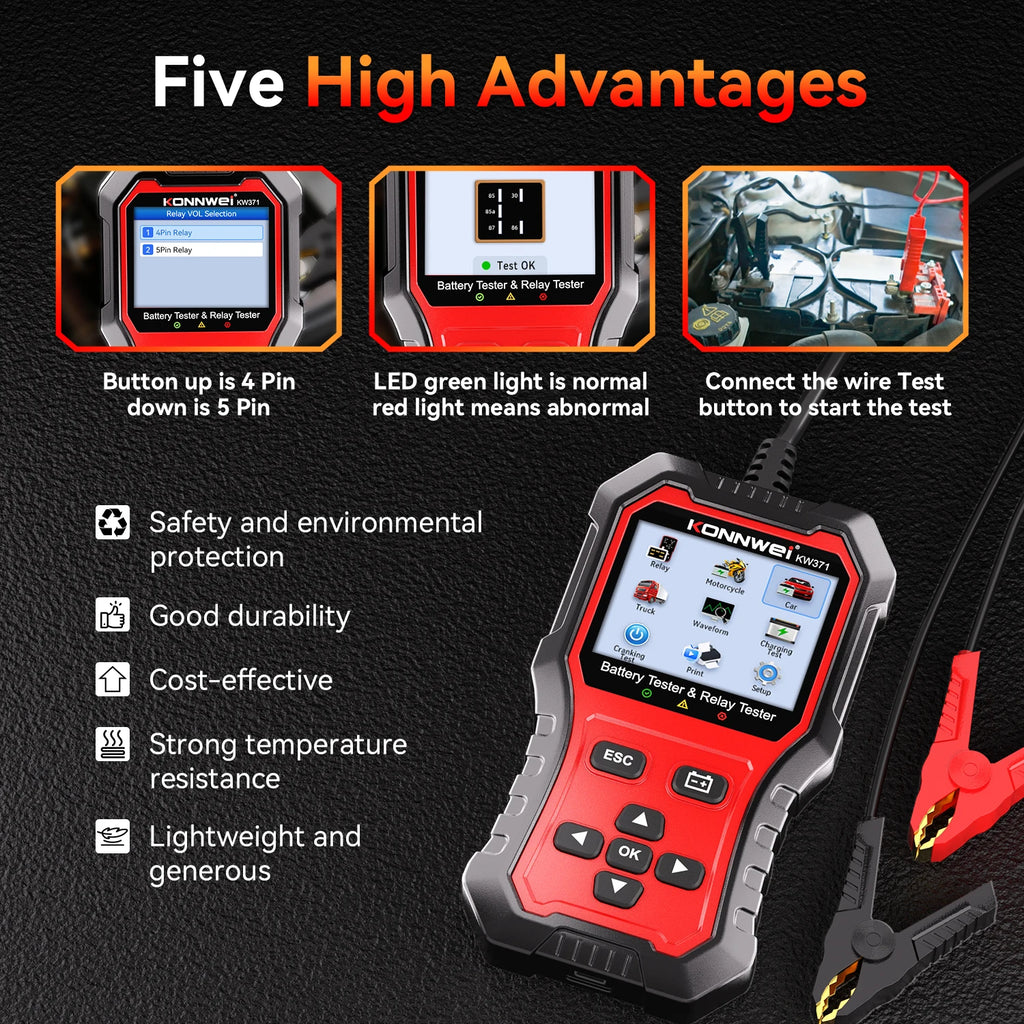KONNWEI KW371 2-in-1 Car Battery & Relay Tester – 6V/12V/24V