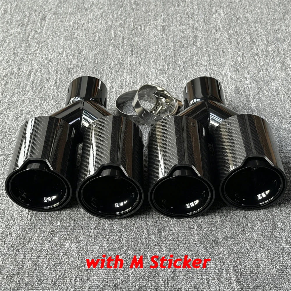 Pair of Glossy Carbon Fiber Quad Exhaust Tips with M Performance Logo for BMW – Dual Tailpipe Exhaust Muffler Covers