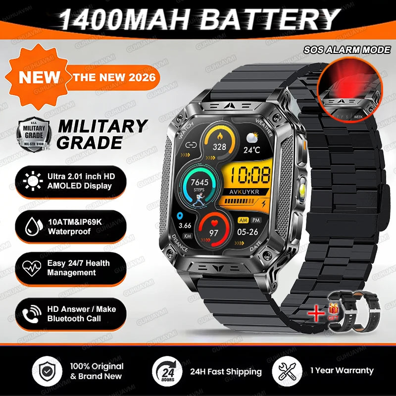 2026 TANK Military GPS Smart Watch | 2.01" AMOLED Display | 1400mAh Battery | 10ATM Waterproof | SOS & Flashlight | Android & iPhone