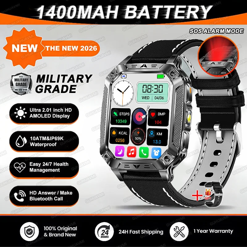 2026 TANK Military GPS Smart Watch | 2.01" AMOLED Display | 1400mAh Battery | 10ATM Waterproof | SOS & Flashlight | Android & iPhone