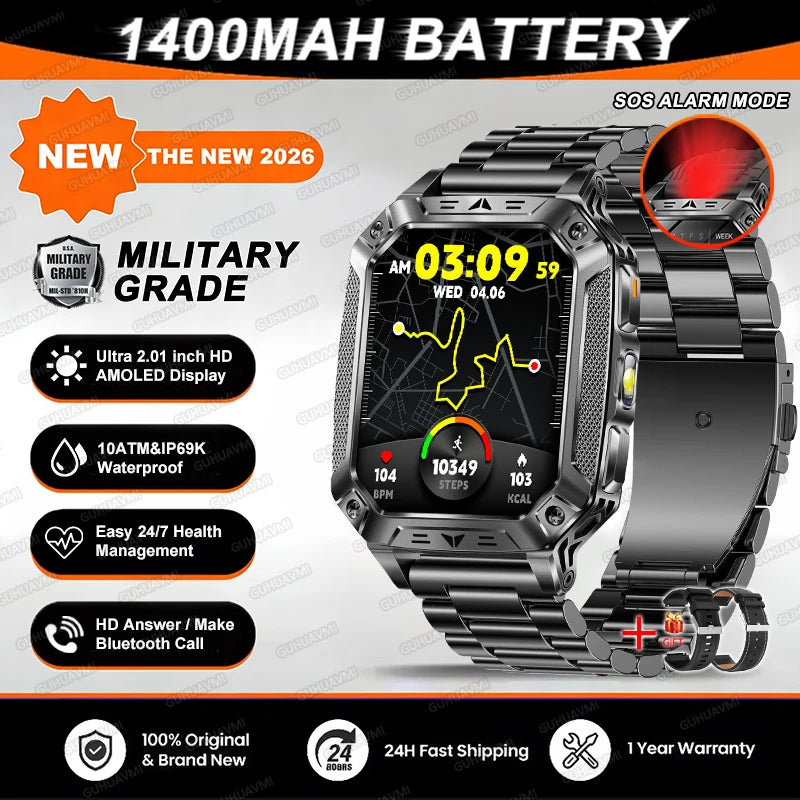 2026 TANK Military GPS Smart Watch | 2.01" AMOLED Display | 1400mAh Battery | 10ATM Waterproof | SOS & Flashlight | Android & iPhone