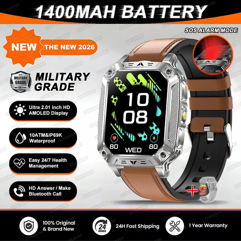 2026 TANK Military GPS Smart Watch | 2.01" AMOLED Display | 1400mAh Battery | 10ATM Waterproof | SOS & Flashlight | Android & iPhone