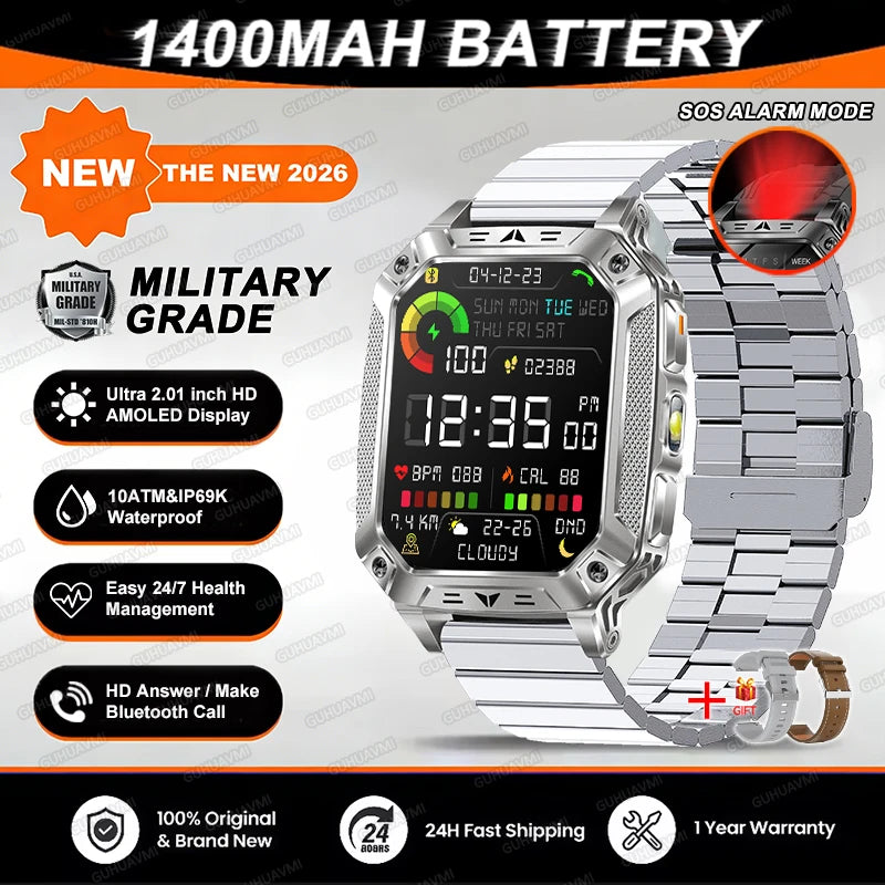 2026 TANK Military GPS Smart Watch | 2.01" AMOLED Display | 1400mAh Battery | 10ATM Waterproof | SOS & Flashlight | Android & iPhone