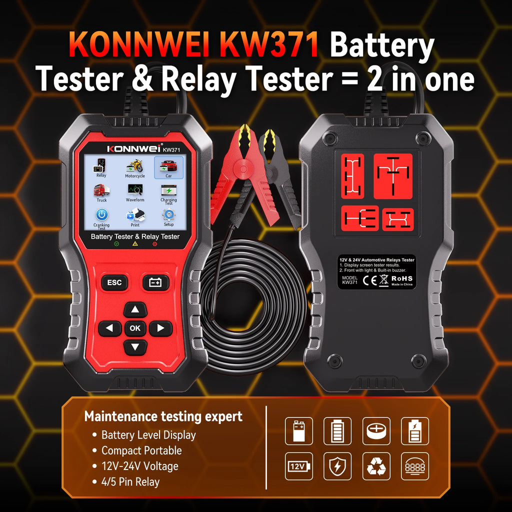 KONNWEI KW371 2-in-1 Car Battery & Relay Tester – 6V/12V/24V