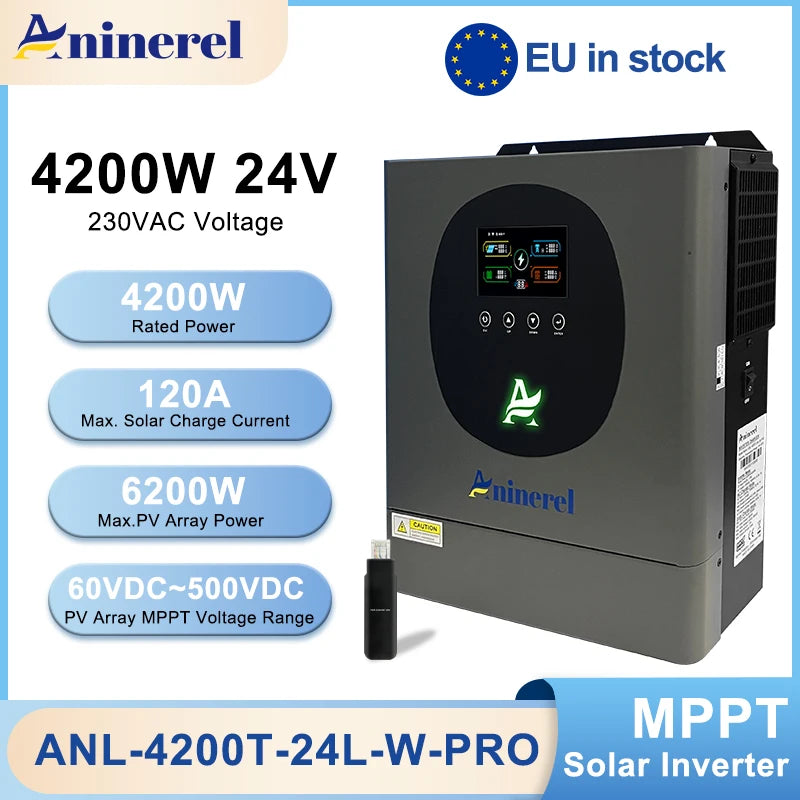 Aninerel Hybrid Solar Inverter 2KW/4.2KW/6.2KW | Pure Sine Wave | MPPT | WiFi | 12V/24V/48V