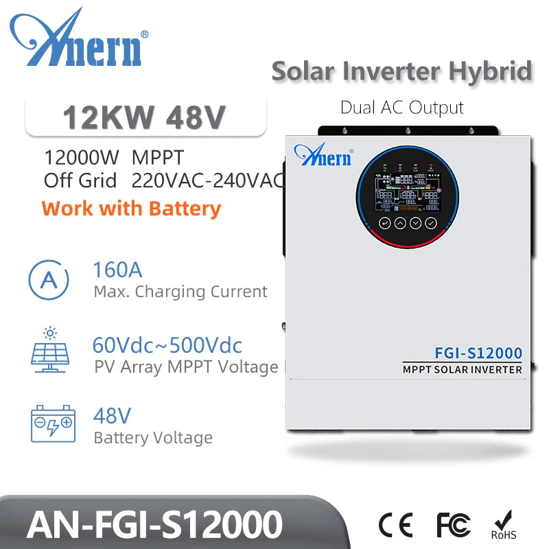 Anern Hybrid Solar Inverter 5KW / 6.5KW / 12KW | Pure Sine Wave | MPPT 120A | WiFi | 24V/48V | Off-Grid