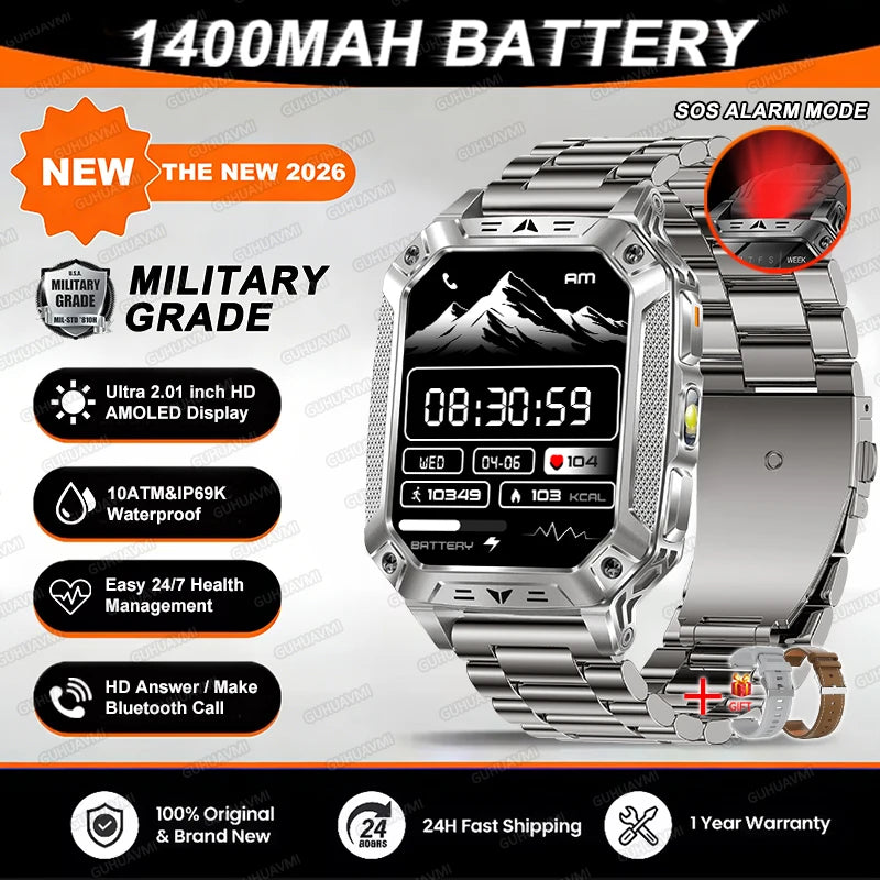 2026 TANK Military GPS Smart Watch | 2.01" AMOLED Display | 1400mAh Battery | 10ATM Waterproof | SOS & Flashlight | Android & iPhone