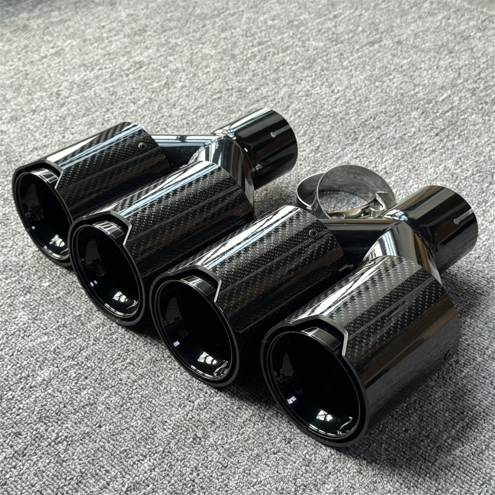 Pair of Glossy Carbon Fiber Quad Exhaust Tips with M Performance Logo for BMW – Dual Tailpipe Exhaust Muffler Covers