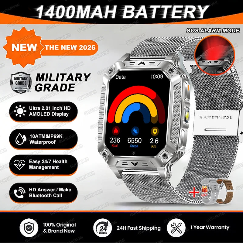 2026 TANK Military GPS Smart Watch | 2.01" AMOLED Display | 1400mAh Battery | 10ATM Waterproof | SOS & Flashlight | Android & iPhone