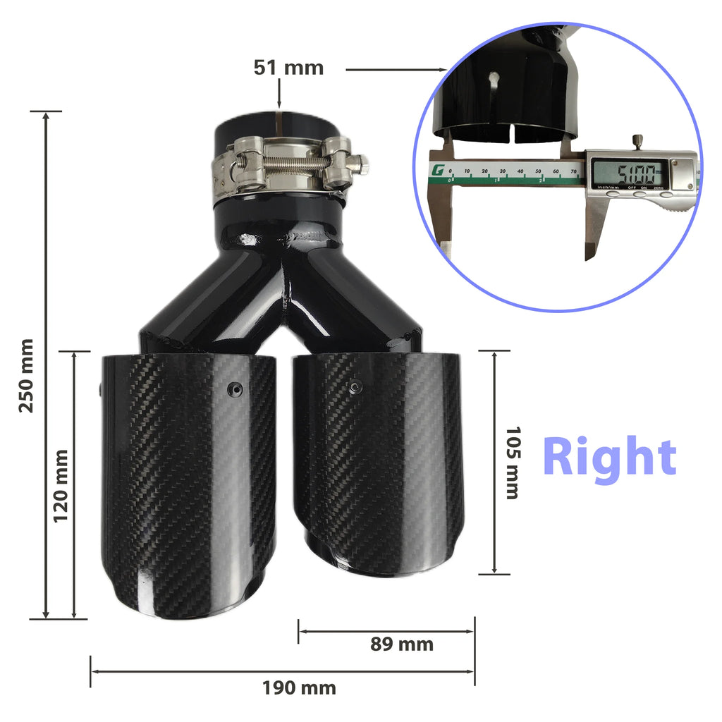 Universal Gloss Black Carbon Fiber Dual Exhaust Muffler Tips – Y Shape Stainless Steel Tailpipe (Pair)
