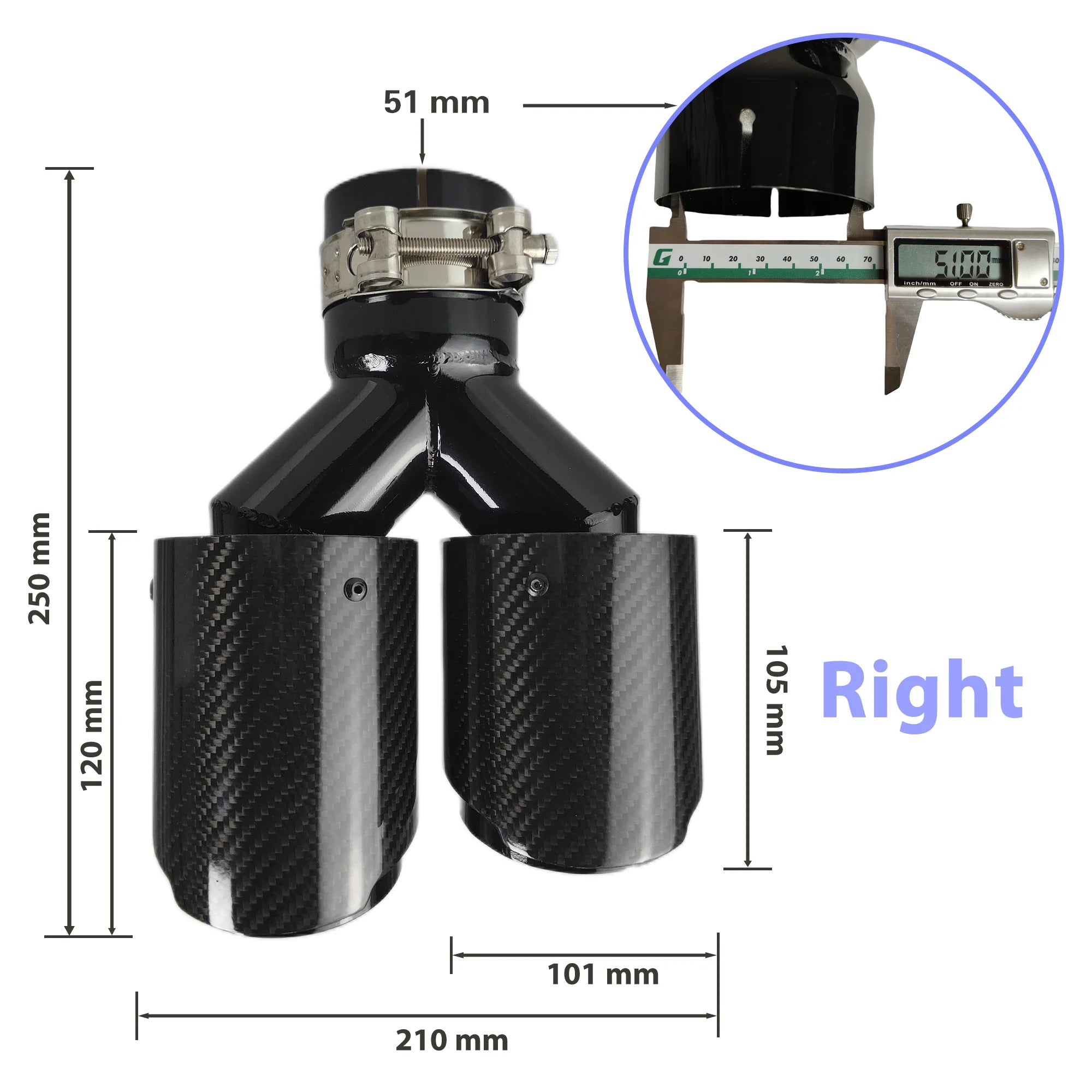 Universal Gloss Black Carbon Fiber Dual Exhaust Muffler Tips – Y Shape Stainless Steel Tailpipe (Pair)