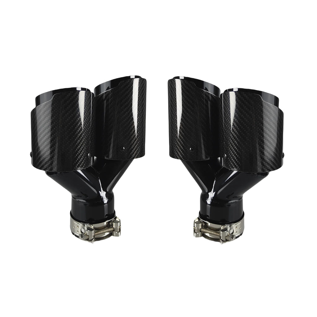 Universal Gloss Black Carbon Fiber Dual Exhaust Muffler Tips – Y Shape Stainless Steel Tailpipe (Pair)