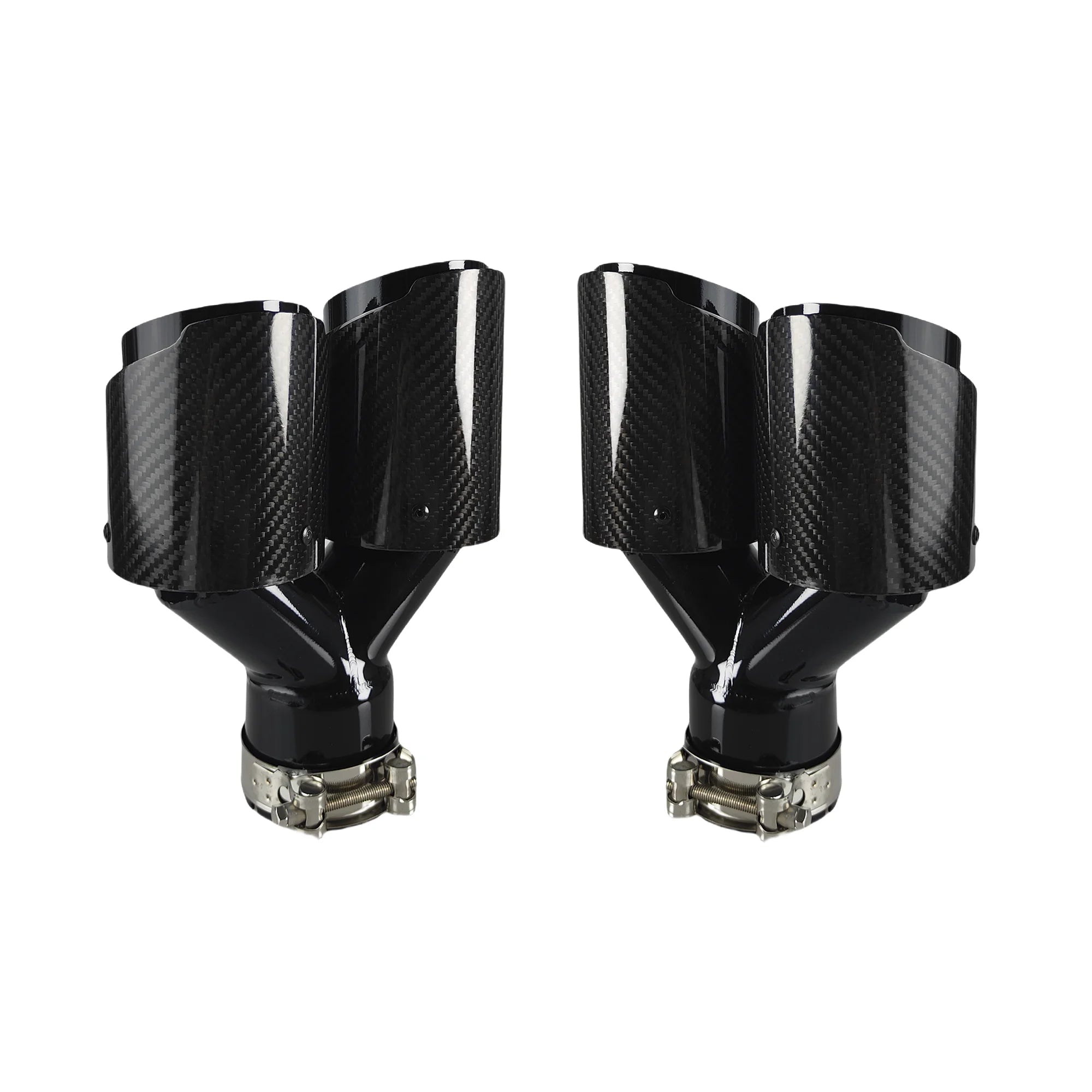 Universal Gloss Black Carbon Fiber Dual Exhaust Muffler Tips – Y Shape Stainless Steel Tailpipe (Pair)