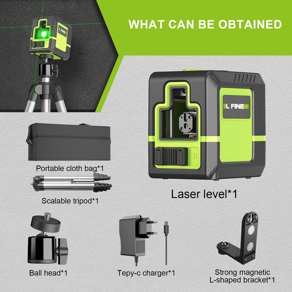 LFINE 2-Line Green Cross Laser Level – 360° Self-Leveling