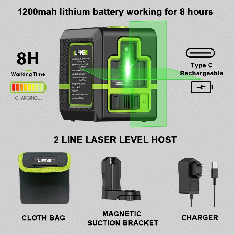LFINE 2-Line Green Cross Laser Level – 360° Self-Leveling