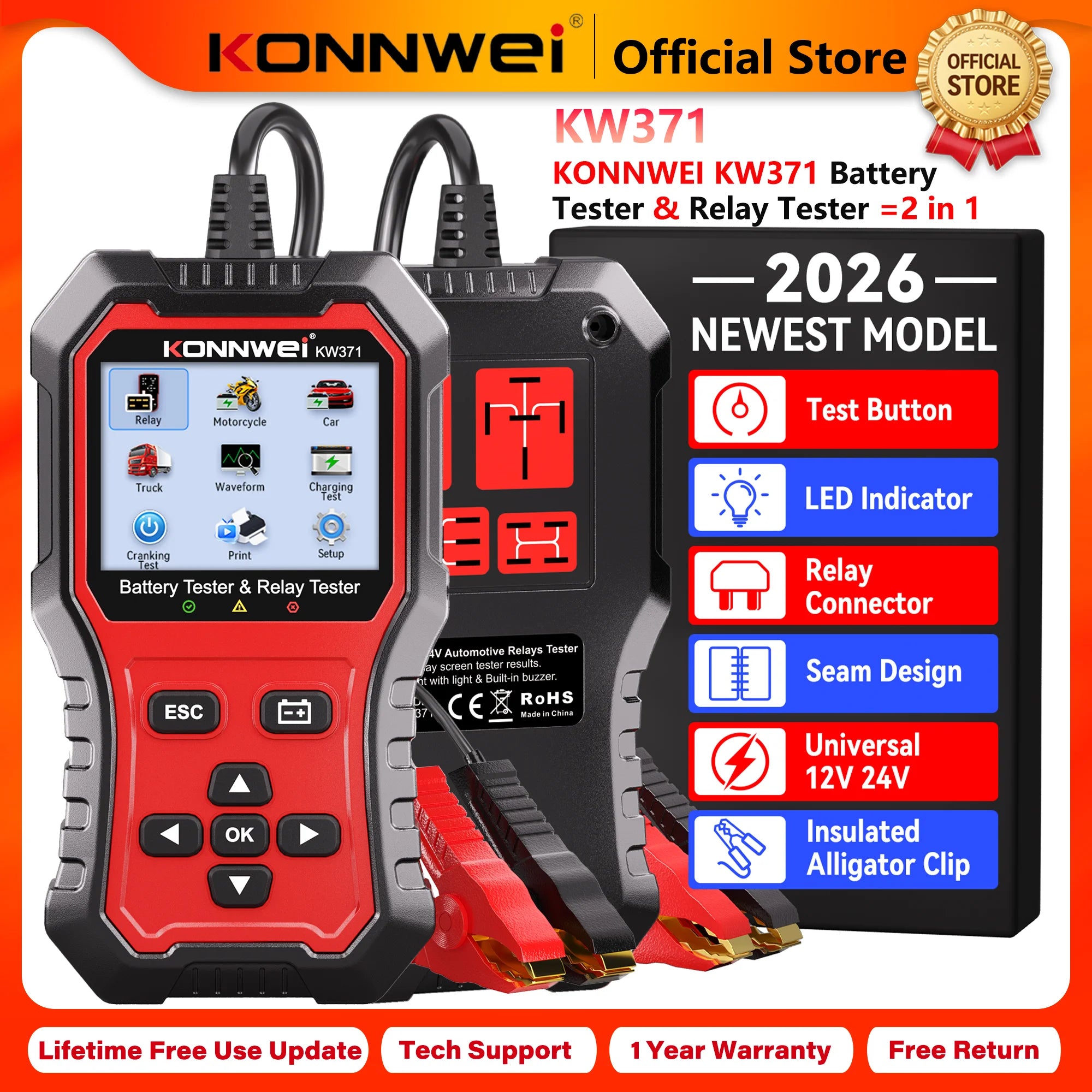 KONNWEI KW371 2-in-1 Car Battery & Relay Tester – 6V/12V/24V