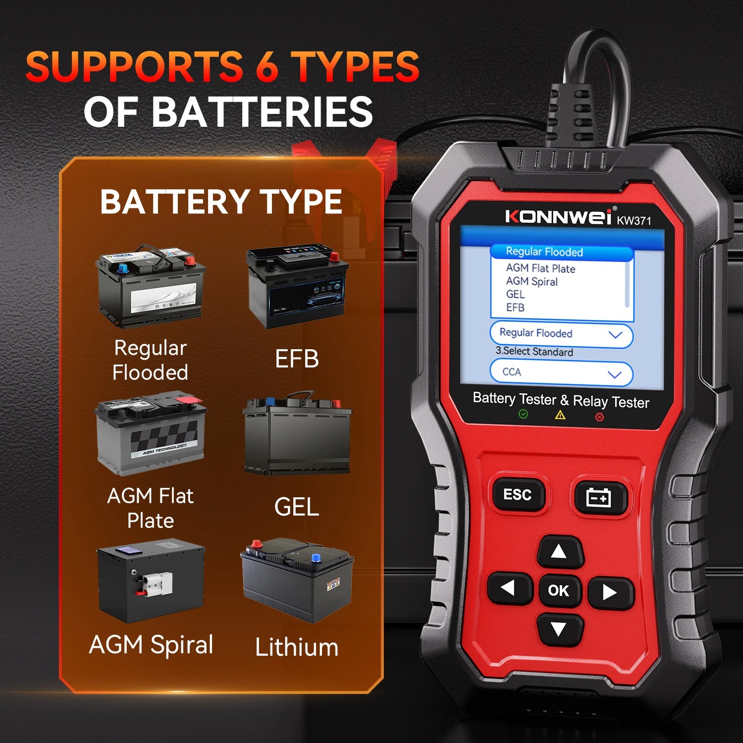 KONNWEI KW371 2-in-1 Car Battery & Relay Tester – 6V/12V/24V