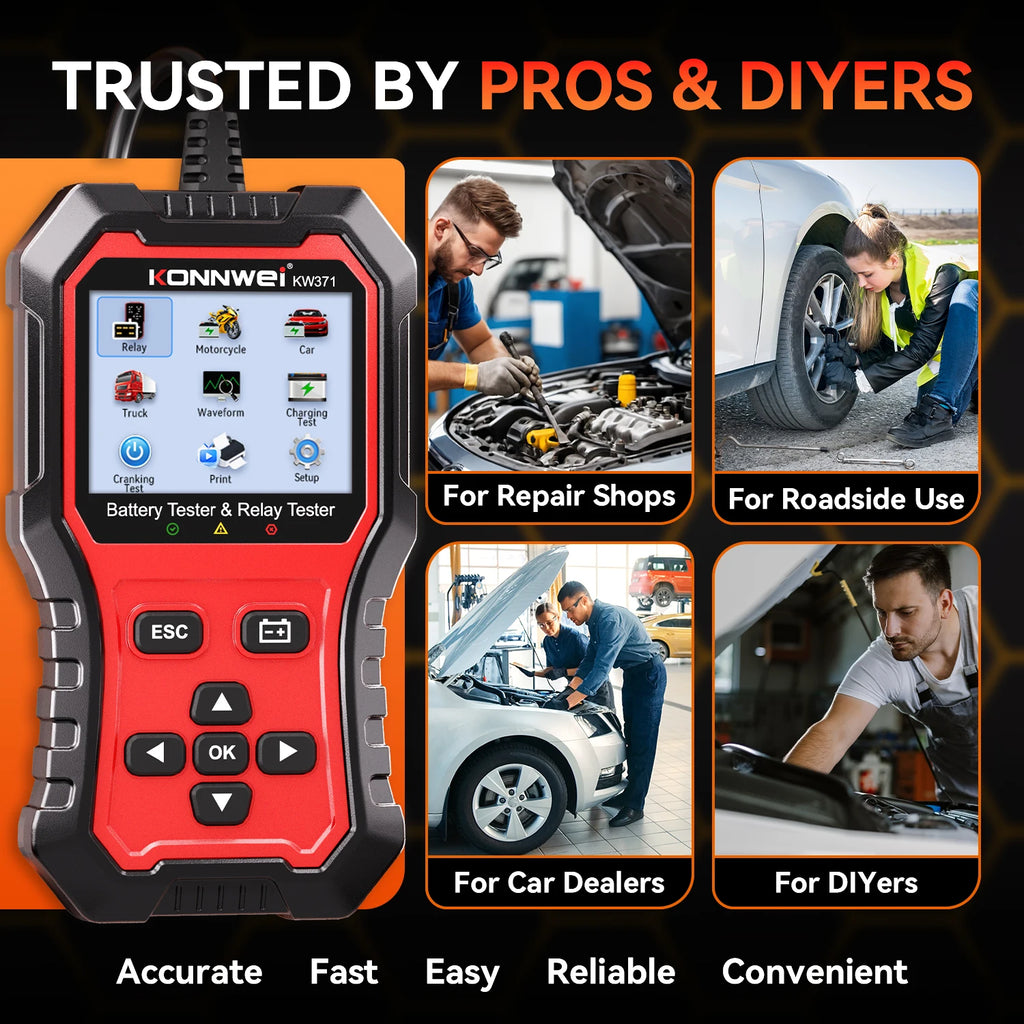 KONNWEI KW371 2-in-1 Car Battery & Relay Tester – 6V/12V/24V