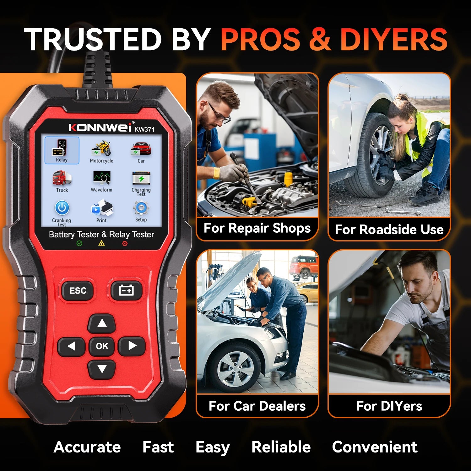 KONNWEI KW371 2-in-1 Car Battery & Relay Tester – 6V/12V/24V