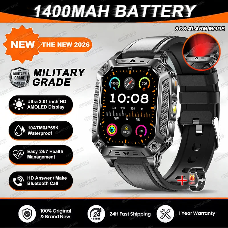 2026 TANK Military GPS Smart Watch | 2.01" AMOLED Display | 1400mAh Battery | 10ATM Waterproof | SOS & Flashlight | Android & iPhone