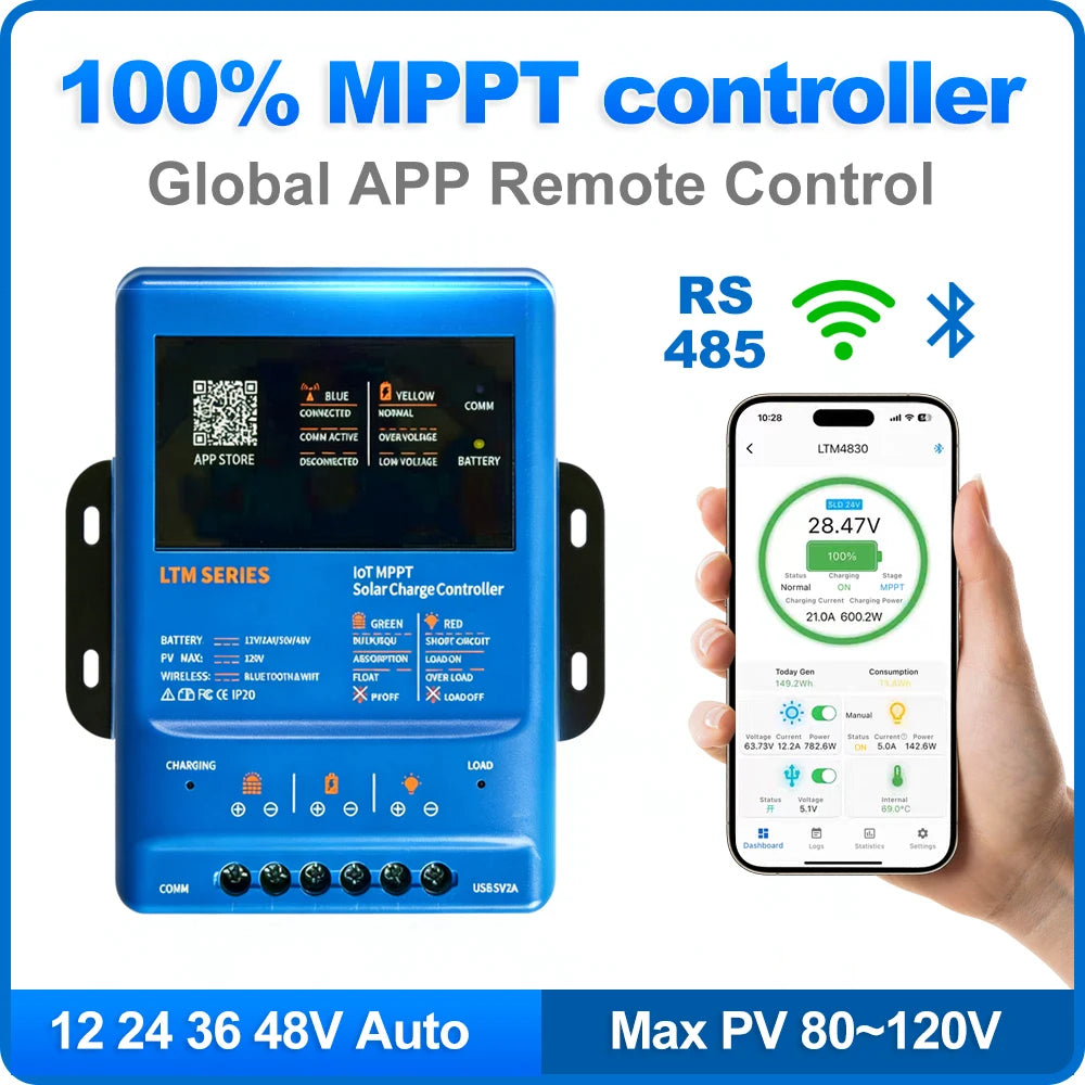 MPPT Solar Charge Controller 30A/40A with Bluetooth, WiFi & RS485 | 12V/24V/36V/48V Auto