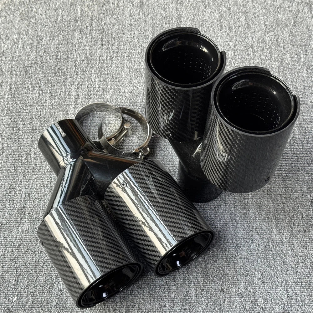 Pair of Glossy Carbon Fiber Quad Exhaust Tips with M Performance Logo for BMW – Dual Tailpipe Exhaust Muffler Covers