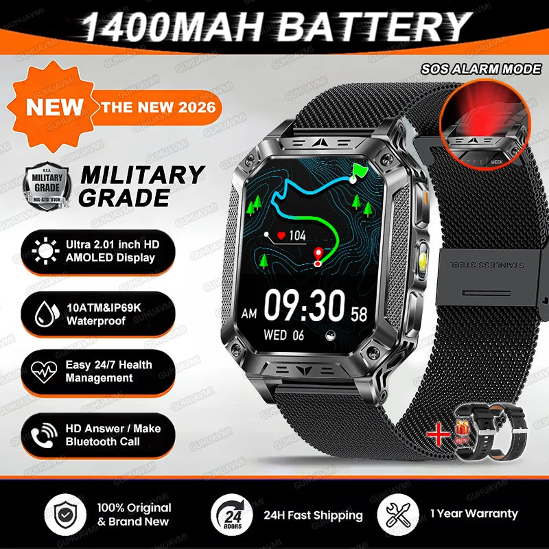 2026 TANK Military GPS Smart Watch | 2.01" AMOLED Display | 1400mAh Battery | 10ATM Waterproof | SOS & Flashlight | Android & iPhone