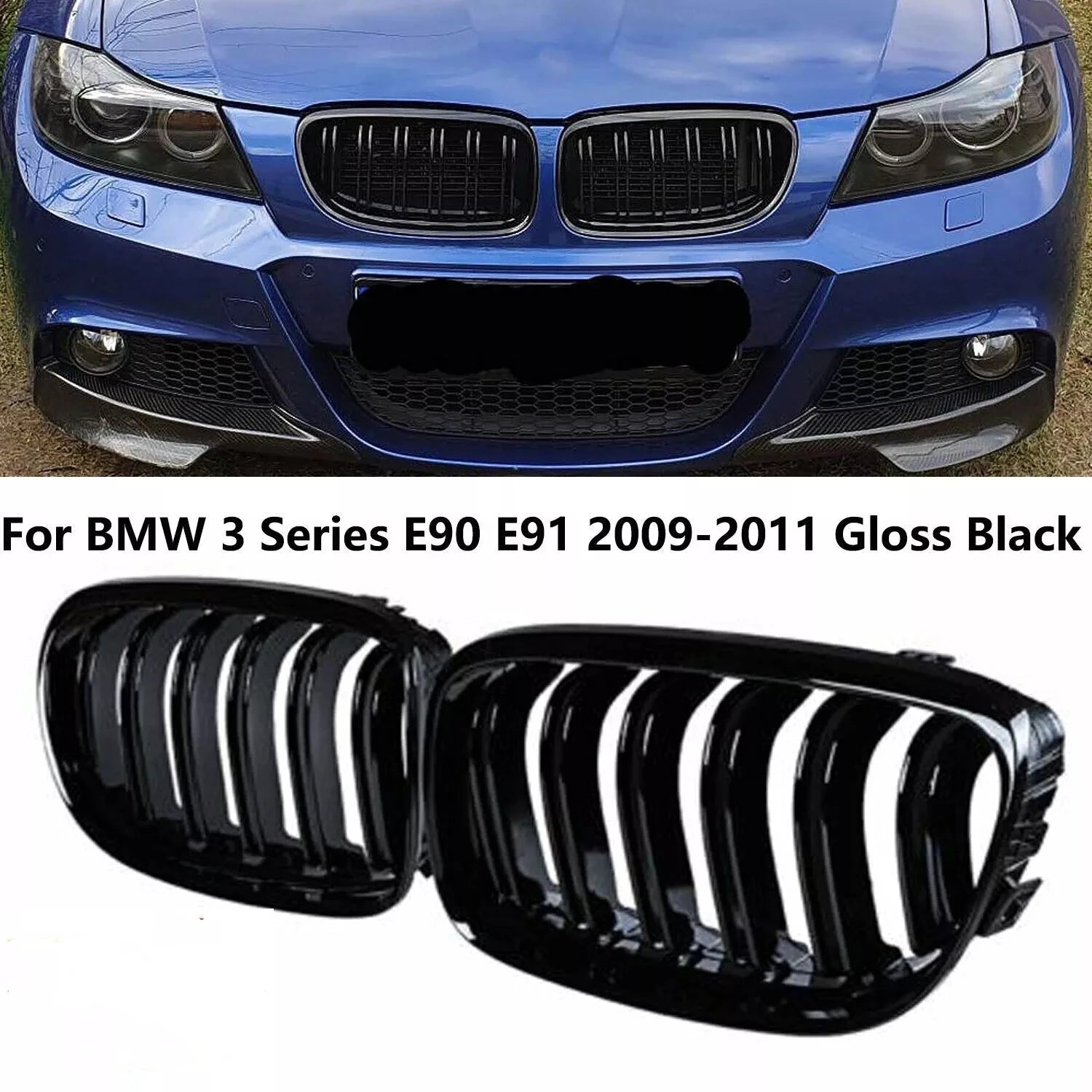Gloss Black Double-Slat Kidney Grille Set for BMW E90/E91 LCI 2009–2013