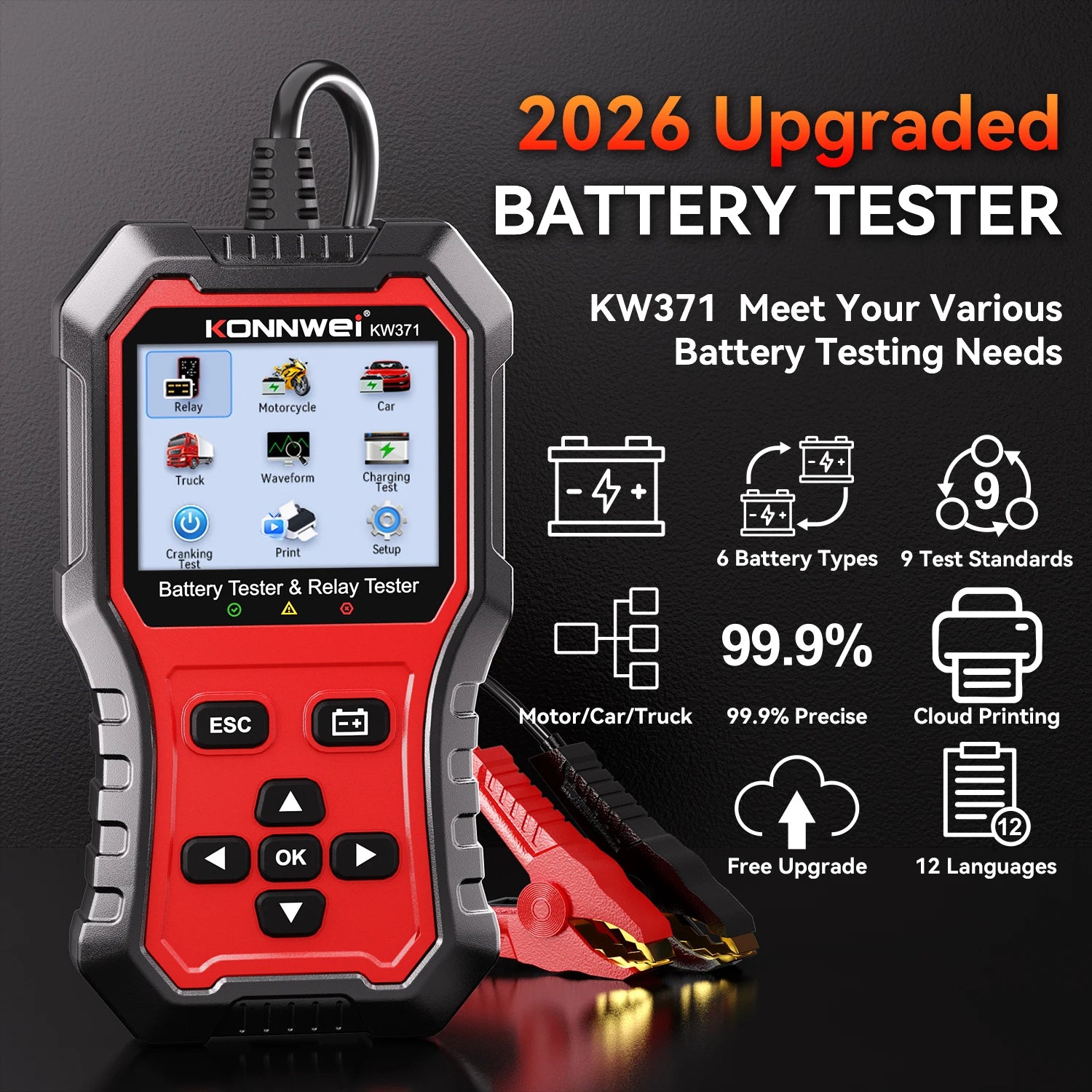 KONNWEI KW371 2-in-1 Car Battery & Relay Tester – 6V/12V/24V