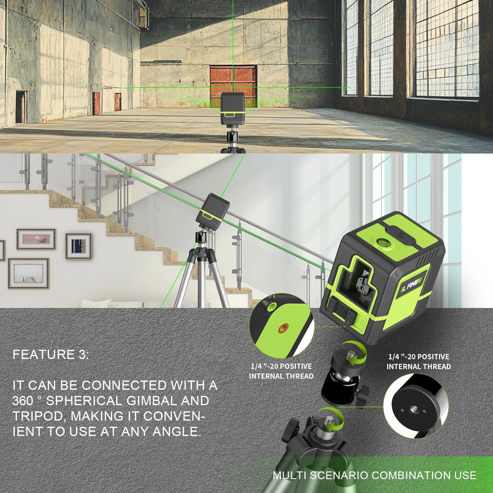 LFINE 2-Line Green Cross Laser Level – 360° Self-Leveling