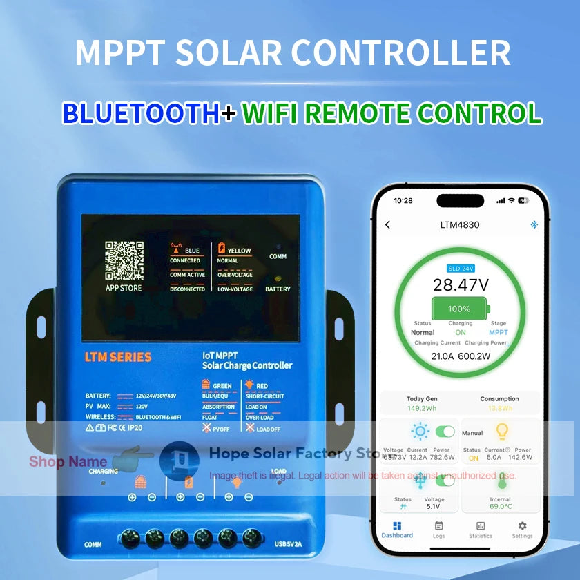 MPPT Solar Charge Controller 30A/40A with Bluetooth, WiFi & RS485 | 12V/24V/36V/48V Auto