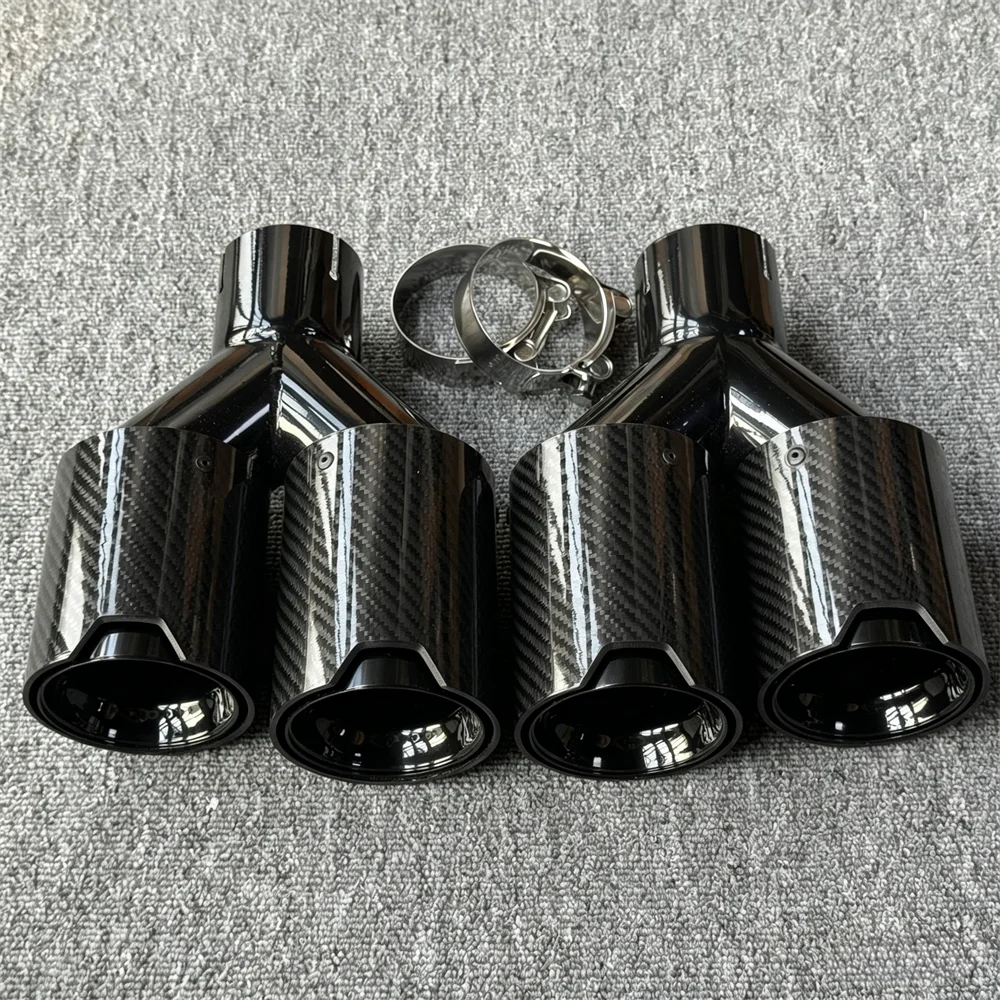 Pair of Glossy Carbon Fiber Quad Exhaust Tips with M Performance Logo for BMW – Dual Tailpipe Exhaust Muffler Covers