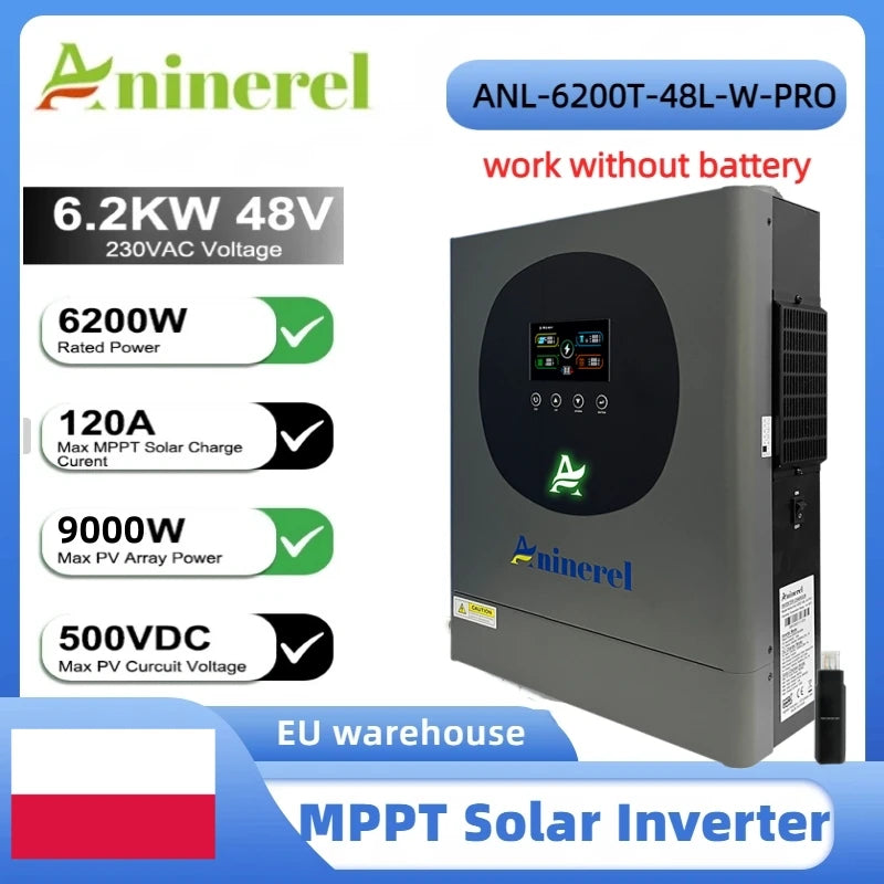 Aninerel Hybrid Solar Inverter 2KW/4.2KW/6.2KW | Pure Sine Wave | MPPT | WiFi | 12V/24V/48V