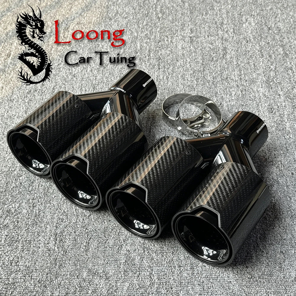 Pair of Glossy Carbon Fiber Quad Exhaust Tips with M Performance Logo for BMW – Dual Tailpipe Exhaust Muffler Covers