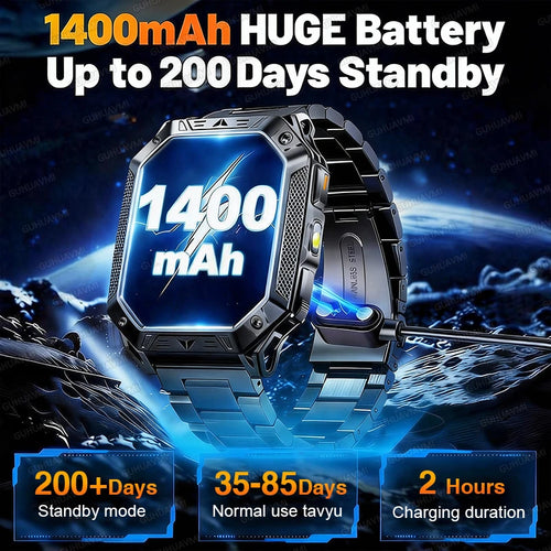 2026 TANK Military GPS Smart Watch | 2.01" AMOLED Display | 1400mAh Battery | 10ATM Waterproof | SOS & Flashlight | Android & iPhone