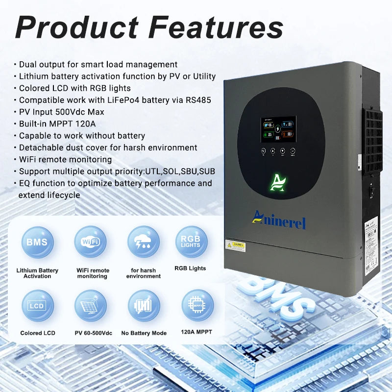 Aninerel Hybrid Solar Inverter 2KW/4.2KW/6.2KW | Pure Sine Wave | MPPT | WiFi | 12V/24V/48V